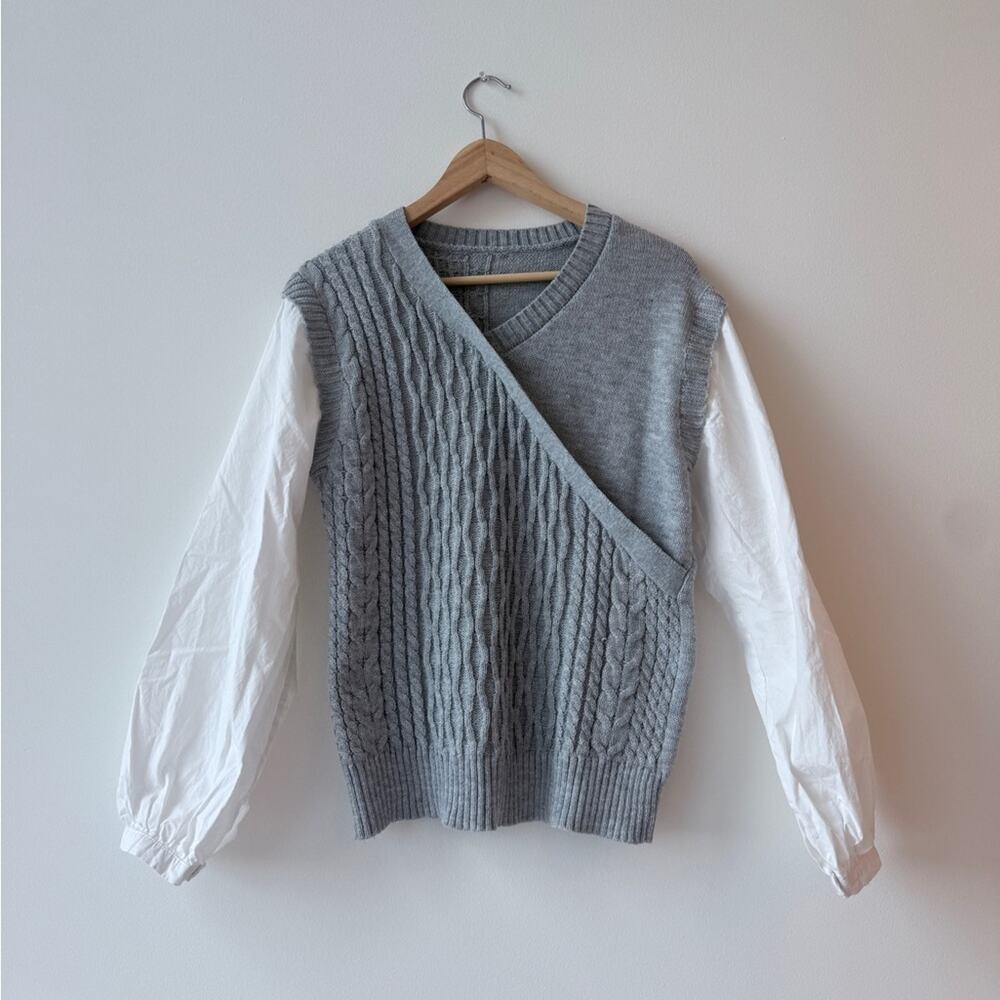 2 in 1 Gray Cable Knit Vest with White Sleeves